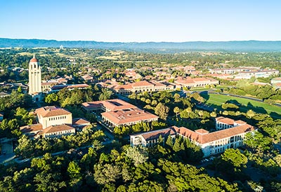 An aerial view of Stanford University, one of the largest employers in the Santa Clara County city of Palo Alto.