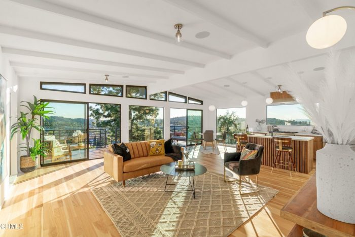 Vaulted ceiling livingroom looking out to deck