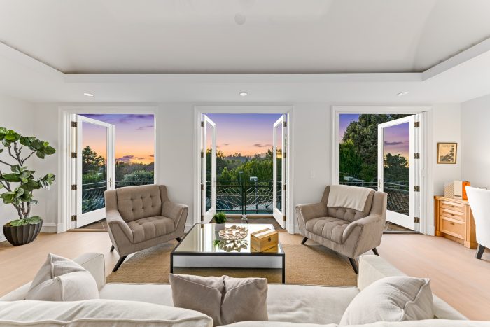 Living room with view of sunset.