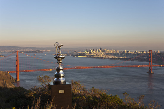 The America's Cup tropy is seen above San Francisco Bay.