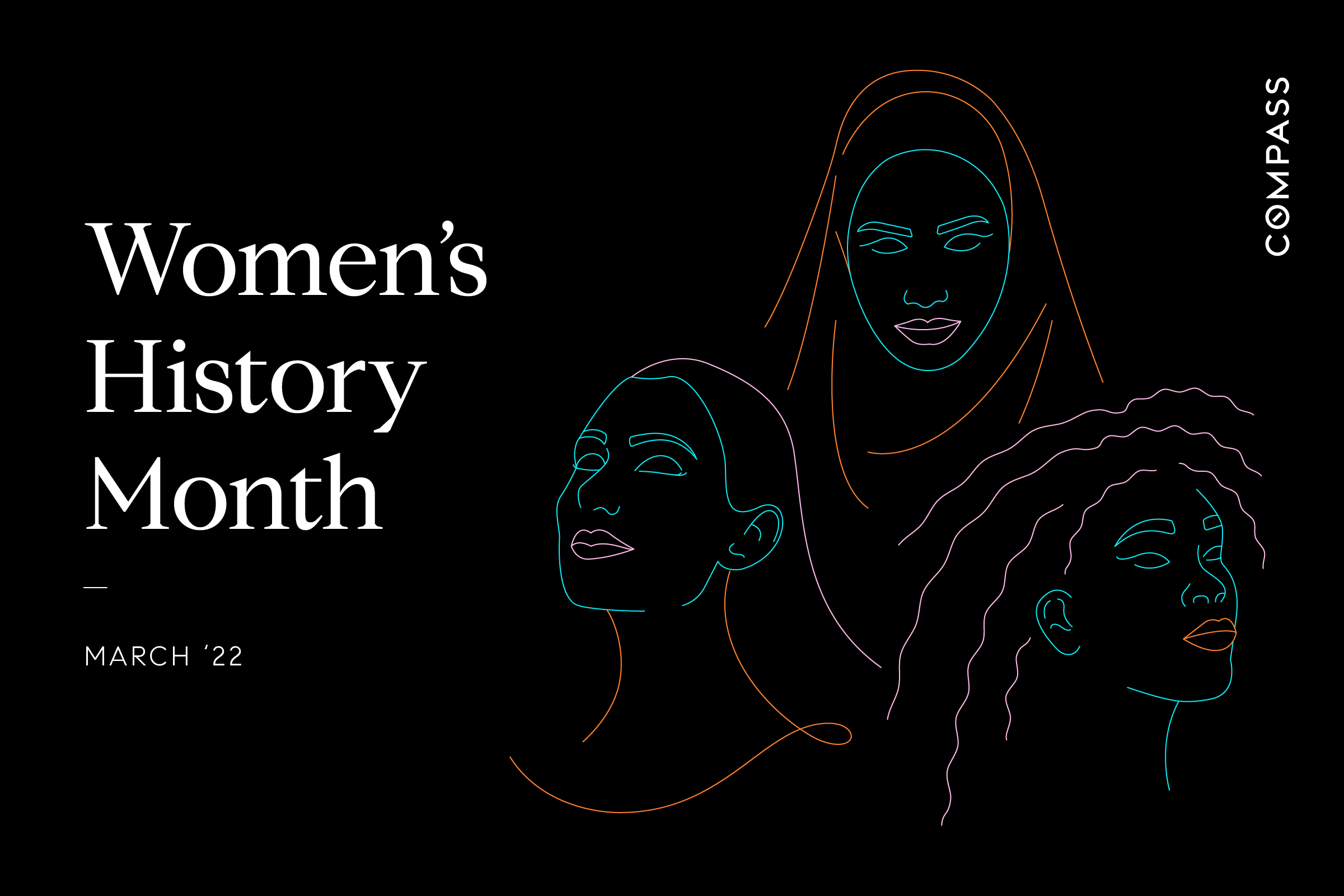 "women's History month" Black background with line drawings of women