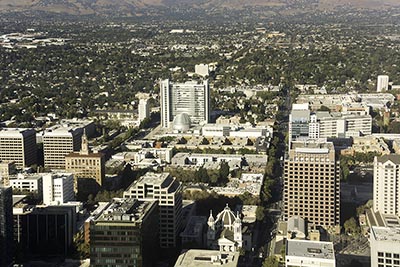An aerial view of downtown San Jose, California
