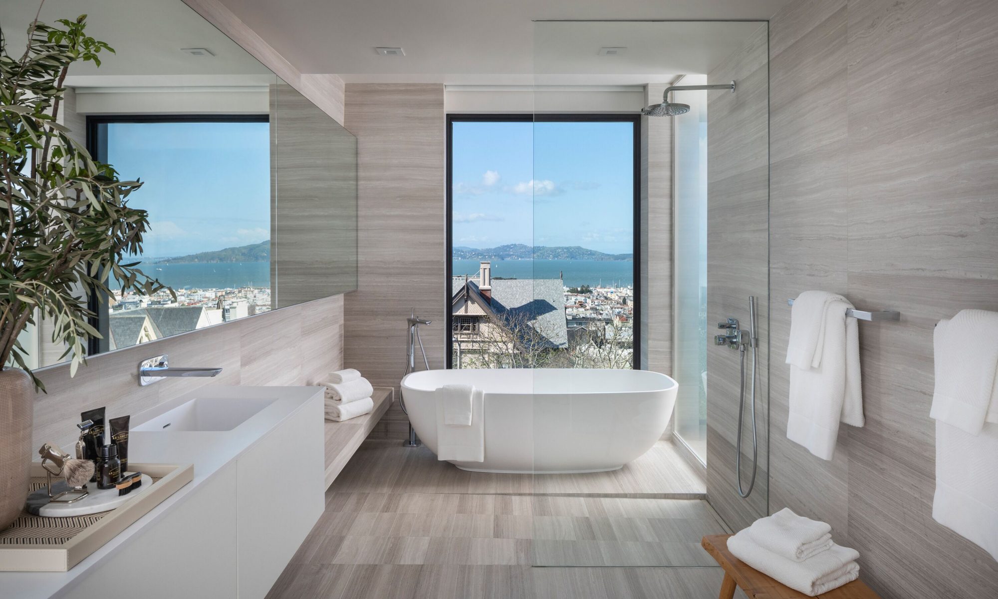 modern tub with view of the bay