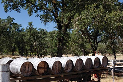 Wine barrels on a cart in Napa Valley