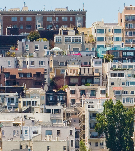 Homes crowded on a San Francisco hill.