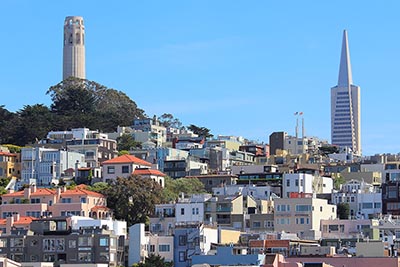 The Coit Tower and Transamerica Pyramid in San Francisco
