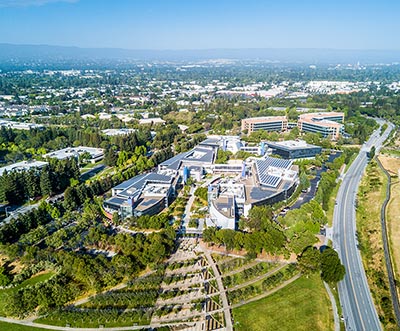 An aerial view of Google's headquarters in Mountain View, California