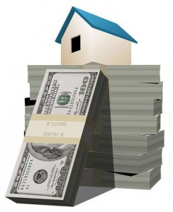 Illustration of a house sitting on a stack of $100 bills.