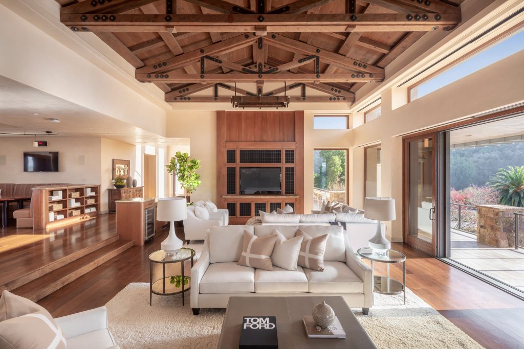 living room with wood ceiling