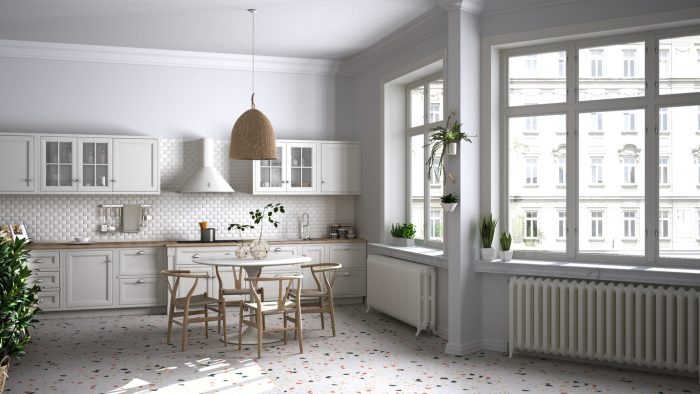 Terrazzo floors in a vintage inspired kitchen. 