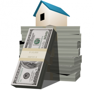 Illustration of a house on top of bundled hundred-dollar bills