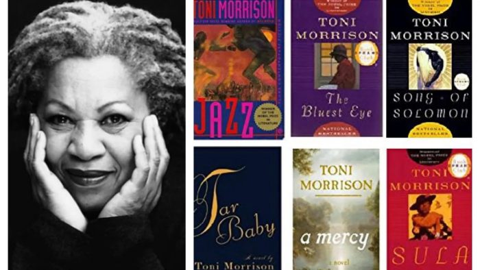 Image collage of Toni Morrison, showing her portrait and six of her novels