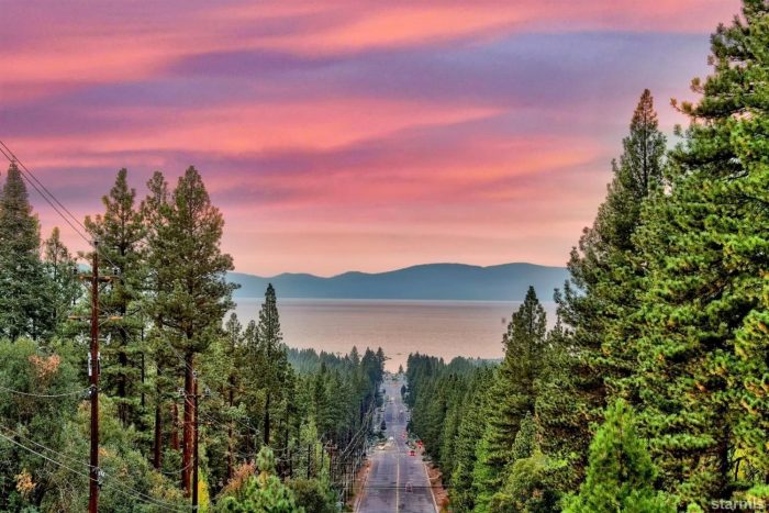 View of road descending into Lake Tahoe