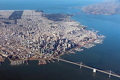 An aerial view of San Francisco at sunset